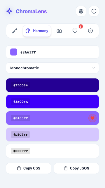 Harmony tab generating a monochromatic palette from #8A63FF