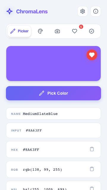 ChromaLens popup with the precision picker showing the selected color and its hex, RGB and HSL values